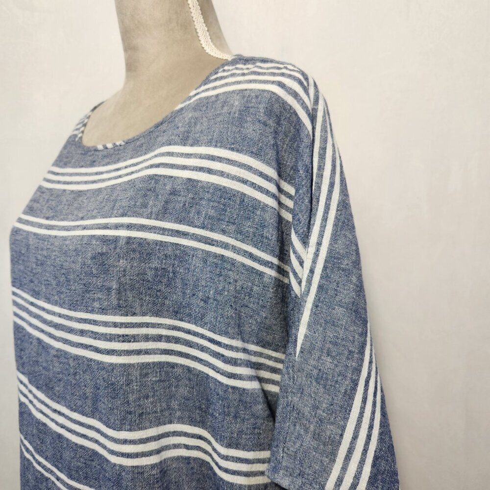 Beach Lunch Lounge Size Large Blue White Linen Blend Boxy Striped Side Tie Top - Picture 7 of 13